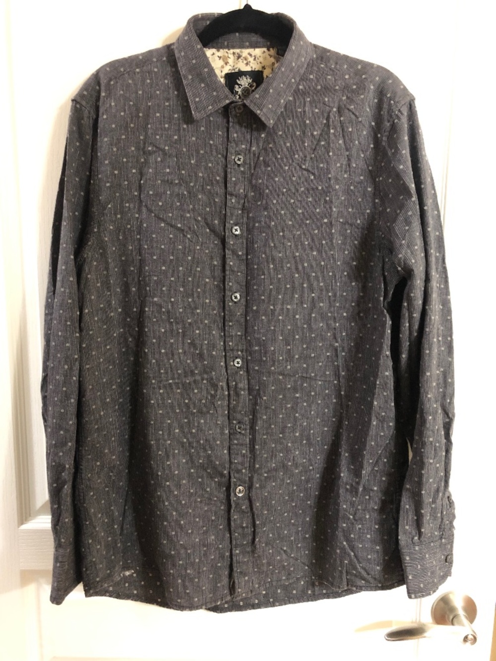 English Laundry Men’s grey cotton pinstripe dot medium button down shirt